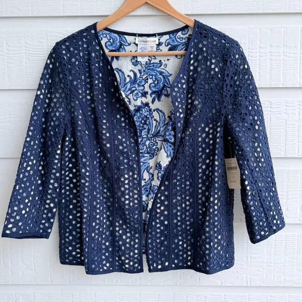 Coldwater Creek Reversible Navy Eyelet Floral Jacket 10 - Picture 2 of 14